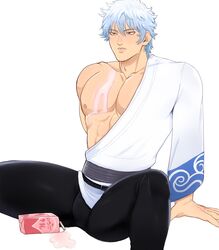  bara bolloxxxz bulge gintama gintoki_sakata hadanugi_dousa kimono leaning_back light_blue_hair male male_only milk milk_carton muscles muscular muscular_male nipple_peek off_shoulder pecs silver_hair sitting solo spilled_drink spread_legs strawberry_milk white_hair 