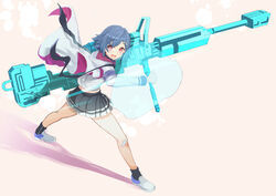  apex_legends black_skirt blue_hair dolphin_hair_ornament energy_barrier energy_shield female floating_clothes grey_footwear gun holding holding_gun holding_weapon karekima kraber looking_back miniskirt nijisanji nishizono_chigusa nishizono_chigusa_(1st_costume) open_mouth pleated_skirt red_eyes rifle school_uniform selene_girls_school_uniform short_hair skirt smile sniper_rifle solo virtual_youtuber weapon 