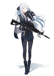  absurdres ak-12 ak-12_(girls&#039;_frontline) assault_rifle black_footwear black_gloves black_pants boots braid breasts closed_eyes dlarudgml21 female french_braid full_body girls&#039;_frontline gloves grey_hair gun highres holding holding_gun holding_weapon kalashnikov_rifle korean_commentary long_hair long_sleeves magazine_(weapon) mask mask_around_neck medium_breasts pants reflex_sight rifle sidelocks solo tactical_clothes weapon 