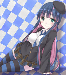  aqua_eyes beret black_jacket black_thighhighs blue_hair blue_neckwear blue_thighhighs blush breasts checkered_background checkered_clothes checkered_skirt collared_shirt colored_inner_hair female hat jacket kou89 long_hair multicolored_clothes multicolored_hair multicolored_legwear pale_skin panty_&amp;_stocking_with_garterbelt pink_hair shirt skirt smile solo stocking_(psg) striped_clothes striped_thighhighs thighhighs white_shirt 