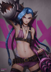  artist_name artstation_username asymmetrical_legwear bandolier belt blue_hair braid breast_tattoo bullet_necklace cheesewoo cowboy_shot female flat_chest gatling_gun graffiti gun highres holding holding_gun holding_weapon jinx_(league_of_legends) league_of_legends long_hair looking_at_viewer navel pink_eyes purple_shorts rocket_launcher shadow shell_casing short_shorts shorts smirk solo tattoo twin_braids uneven_legwear v-shaped_eyebrows very_long_hair weapon 