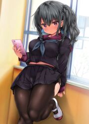  ? against_wall black_pantyhose black_serafuku black_skirt breasts cellphone check_commentary closed_mouth commentary commentary_request female hair_between_eyes highres holding holding_phone large_breasts long_sleeves looking_at_viewer midriff mole mole_under_eye navel nijimoto_hirok original pantyhose phone pink_eyes school_uniform serafuku shoes short_hair side_ponytail skirt solo standing standing_on_one_leg thighs torn_clothes torn_pantyhose white_footwear window 