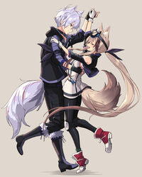  1boy absurdly_long_hair animal_ear_fluff animal_ears arknights armband black_choker black_footwear black_gloves black_jacket black_pants blush boots breasts brown_hair cardigan_(arknights) choker closed_eyes closed_mouth clothing_cutout dancing dog_ears dog_tail female fingerless_gloves from_side full_body fur-trimmed_boots fur_trim gloves goggles goggles_on_head grey_background hair_between_eyes highres holding_hands infection_monitor_(arknights) jacket knee_boots light_brown_hair long_hair looking_at_another multicolored_hair open_mouth pants ponytail profile purple_eyes purple_hair red_footwear shirt short_hair shoulder_cutout sigm@ simple_background small_breasts smile standing standing_on_one_leg steward_(arknights) streaked_hair tail two-tone_hair very_long_hair white_gloves white_shirt 