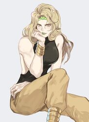  bare_shoulders black_leotard blonde_hair bracelet breasts dio_brando elbow_rest female genderswap_(mtf) green_lips hand_on_own_cheek hand_on_own_face head_rest headband heart jewelry jojo_no_kimyou_na_bouken korean_commentary large_breasts leotard long_hair looking_at_viewer pants parted_lips rule_63 simple_background stardust_crusaders yellow_pants yepnean 