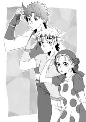  2boys absurdres apron bandana battle_tendency caesar_anthonio_zeppeli dress facial_mark feather_hair_ornament feathers female fingerless_gloves gloves greyscale hair_ornament headband height_difference highres jojo_no_kimyou_na_bouken joseph_joestar joseph_joestar_(young) kazuo_(kaduooooo) monochrome multiple_boys polka_dot polka_dot_apron salute suzi_q waving 