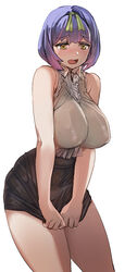  black_skirt blue_hair blush bow_(bhp) covering covering_crotch d: embarrassed female gradient_hair grey_shirt medium_hair miniskirt multicolored_hair open_mouth original panties pulled_by_self purple_hair see-through_skirt shirt simple_background skirt skirt_pull sleeveless sleeveless_shirt solo standing tears underwear white_background white_panties yellow_eyes 