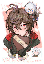  2boys black_gloves blue_eyes blue_hair box brown_hair chibi closed_mouth cropped_arms cropped_shoulders gift gift_box gloves granblue_fantasy hair_between_eyes hands_up happy_valentine heart heart-shaped_box high_collar highres holding holding_gift light_blue_hair light_blush looking_at_viewer lucifer_(shingeki_no_bahamut) male_focus multiple_boys multiple_views multiple_wings red_eyes sandalphon_(granblue_fantasy) sandalphon_(valentine)_(granblue_fantasy) short_hair sweatdrop tekki_(tki) valentine white_wings wings 