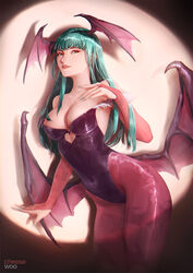  animal_print artist_name artstation_username bat_print blunt_bangs breasts bridal_gauntlets cheesewoo cleavage clothing_cutout covered_navel cowboy_shot demon_wings female green_eyes green_hair green_nails head_wings heart_cutout highres large_breasts leotard lips long_hair looking_at_viewer morrigan_aensland pantyhose parted_lips print_pantyhose solo spotlight straight_hair vampire_(game) wide_hips wings 