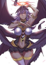  aoi_takeru armlet bare_shoulders black_wings bracelet breasts dark-skinned_female dark_skin darklord_ixchel dress duel_monster earrings fallen_angel feathered_wings female halo head_wings highres jewelry large_breasts large_wings long_hair multiple_wings navel neck_ring pointy_ears purple_hair red_eyes solo wings yu-gi-oh! 