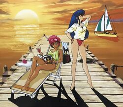  1980s_(style) 2girls arm_behind_head arm_up barefoot beach_chair blue_hair boat bracelet character_print closed_eyes dark-skinned_female dark_skin day dirty_pair drink eyewear_on_head headband holding holding_drink hood hoodie jewelry kei_(dirty_pair) long_hair multiple_girls non-web_source official_art open_magazine outdoors pier reading red_eyes red_hair retro_artstyle rope short_hair smile standing sunset swimsuit swimsuit_under_clothes tank_top towel water watercraft wristband yuri_(dirty_pair) 