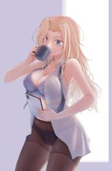  bad_id bad_twitter_id black_necktie black_panties black_pantyhose blonde_hair breasts cleavage commentary_request cowboy_shot cup dress_shirt drinking female grey_eyes highres hornet_(kancolle) ipad kantai_collection large_breasts long_hair meihemu mug necktie open_clothes panties panties_under_pantyhose pantyhose shirt sleeveless sleeveless_shirt solo tablet_pc thighband_pantyhose underwear white_shirt 