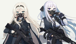  2girls ak-12 ak-12_(girls&#039;_frontline) an-94 an-94_(girls&#039;_frontline) assault_rifle black_gloves blonde_hair braid breasts closed_eyes dlarudgml21 french_braid girls&#039;_frontline gloves green_eyes grey_hair gun highres holding holding_gun holding_weapon kalashnikov_rifle korean_commentary long_hair long_sleeves magazine_(weapon) mask medium_breasts mouth_mask multiple_girls purple_eyes reflex_sight rifle scope sidelocks tactical_clothes unusually_open_eyes weapon 