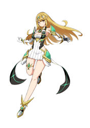  absurdres aotsuba bare_legs bare_shoulders blonde_hair breasts chest_jewel cleavage cleavage_cutout clothing_cutout dress earrings elbow_gloves full_body gloves highres jewelry large_breasts long_hair mythra_(xenoblade) short_dress swept_bangs thigh_strap tiara very_long_hair white_dress white_footwear white_gloves xenoblade_chronicles_(series) xenoblade_chronicles_2 yellow_eyes 