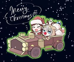  2girls :d ange_(princess_principal) animal_costume blue_eyes bow brown_hair car christmas commentary_request dorothy_(princess_principal) gift grey_hair heart merry_christmas motor_vehicle multiple_girls niina_ryou open_mouth princess_principal red_nose reindeer_costume sack santa_costume smile snowing v vehicle_focus 