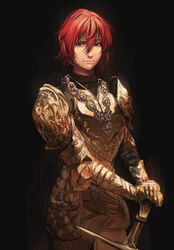  absurdres armor black_background commentary english_commentary female full_armor gold_armor hair_between_eyes han_soo-min_(hanny) hanny_(uirusu_chan) highres holding holding_sword holding_weapon looking_at_viewer original planted plate_armor red_hair short_hair smirk solo sword tekken tekken_7 weapon 