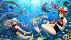  4girls 5boys air_bubble anthias_(fish) armlet barefoot bikini blonde_hair brown_hair bubble butterflyfish coral coral_reef damselfish diving dolphin dungeon_and_fighter fish flippers flower freediving hair_flower hair_ornament highres holding_breath jewelry long_hair male_swimwear multiple_boys multiple_girls necklace one-piece_swimsuit pointy_ears puffer_fish red_hair school_of_fish seafloor selfie shark short_hair smile spiked_hair stingray sturgeon_(fish) swim_briefs swim_trunks swimming swimsuit tan86 tentacle tropical_fish underwater v waving white_hair 