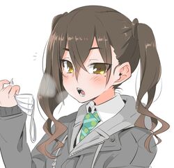  brown_hair cropped_torso female holding holding_mask idolmaster idolmaster_cinderella_girls jacket mask mole mole_under_eye mouth_mask necktie open_mouth raigou sharp_teeth solo sunazuka_akira surgical_mask teeth twintails white_background white_mask yellow_eyes 