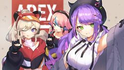  3girls \n/ absurdres apex_legends bad_id bad_twitter_id black_gloves blonde_hair blue_hair breasts crazy_raccoon fingerless_gloves gloves green_eyes grey_sweater halterneck highres hololive horns jacket komori_met komori_met_(2nd_costume) korean_commentary leaning_forward logo long_hair looking_at_viewer medium_breasts mixed-language_commentary multicolored_hair multiple_girls nanashi_inc. official_alternate_costume one_eye_closed pink_hair purple_eyes purple_hair red_jacket robot_ears selly55 seo_garam smile streaked_hair sweater tokoyami_towa tokoyami_towa_(jirai_kei) v_ap_art virtual_youtuber visor_cap 