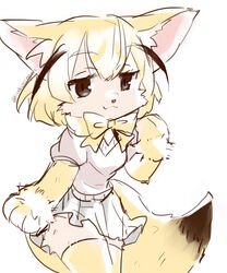  5:6 :3 alternate_species anthro arm_tuft biped blonde_hair bow_tie brown_eyes canid canine cheek_tuft clothed clothing cute_fangs dipstick_tail dress facial_tuft female female_anthro fennec_fox fennec_fox_(kemono_friends) fox fully_clothed fur furrification hair hi_res inner_ear_fluff kemono kemono_friends kinokoningen legwear looking_at_viewer mammal markings multicolored_body multicolored_fur multicolored_tail simple_background solo standing tail tail_markings tan_body tan_fur thigh_highs true_fox tuft white_background white_clothing white_dress wrist_tuft yellow_body yellow_fur 