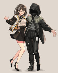  1other adapted_costume arknights bare_legs black_footwear black_jacket black_pants black_ribbon black_skirt blush breasts brown_hair closed_eyes collared_shirt doctor_(arknights) earrings female full_body grey_background hair_between_eyes hand_on_another&#039;s_shoulder high_heels highres hood hooded_jacket hoop_earrings hug jacket jewelry magallan_(arknights) medium_breasts miniskirt multicolored_hair neck_ribbon open_clothes open_jacket open_mouth pants ribbon shirt short_hair side-by-side sigm@ simple_background single_earring skirt smile standing standing_on_one_leg streaked_hair thighs two-tone_hair white_hair white_jacket white_shirt 