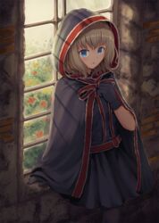  adapted_costume alice_margatroid bad_id bad_pixiv_id black_pantyhose blonde_hair blue_eyes cape cowboy_shot dress female gloves grey_cape grey_dress grey_gloves hand_on_own_chest hand_up highres hood hooded_cape indoors looking_at_viewer neck_ribbon ookashippo pantyhose parted_lips pleated_dress red_ribbon red_sash ribbon sash shadow short_dress short_hair solo standing stone_wall touhou wall window 