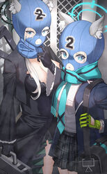  2girls absurdres animal_ears assault_rifle balaclava black_gloves blazer blue_archive blue_eyes breasts cleavage commentary dress gloves green_gloves grey_hair gun halo highres holding holding_suitcase jacket long_hair mask mixed-language_commentary multiple_girls necktie open_mouth pleated_skirt rifle scarf school_uniform shiroko_(blue_archive) shiroko_terror_(blue_archive) sig_556 sig_sauer skirt suitcase sysen weapon wolf_ears 