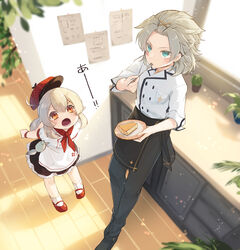  1boy :o ahoge albedo_(genshin_impact) alternate_costume apron aqua_eyes black_footwear black_pants blonde_hair blurry cactus chef commentary_request contemporary depth_of_field dodoco_(genshin_impact) eating female fork from_above genshin_impact grey_hair hair_between_eyes hair_ornament hat highres holding holding_fork indoors kitchen klee_(genshin_impact) light_brown_hair long_hair looking_at_another looking_away looking_up low_twintails malmaron mary_janes orange_eyes pants plant plate pocket pointy_ears potted_plant red_footwear red_headwear shoes shortcake sidelocks sticky_note surprised sweatdrop translation_request twintails unworn_hat unworn_headwear window wooden_floor wristband x_hair_ornament 