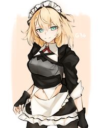  absurdres apron aqua_eyes armor black_gloves blonde_hair character_name closed_mouth commentary_request cowboy_shot female fingerless_gloves g36_(girls&#039;_frontline) g36_(mod3)_(girls&#039;_frontline) girls&#039;_frontline gloves hair_between_eyes highres long_hair looking_at_viewer maid maid_headdress navel ozeu0916 pantyhose smile solo 