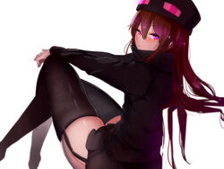  ander_(at2.) at2. black_hat black_shirt black_skirt blush closed_mouth commentary_request crossed_legs enderman expressionless female fine_fabric_emphasis from_behind garter_straps hair_between_eyes hands_on_own_knee hat highres knees_up long_hair long_sleeves looking_at_viewer looking_back minecraft miniskirt personification pink_eyes purple_hair shirt simple_background sitting skindentation skirt solo thighhighs very_long_hair white_background 