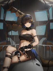  arknights bandeau bare_arms bare_legs bare_shoulders black_hair blue_eyes blue_hair blue_hairband breasts cleavage commentary english_commentary eunectes_(arknights) female hairband highres indoors lancet-2_(arknights) looking_at_viewer medium_breasts meeboo_(arknights) midriff monitor multicolored_hair navel pointy_ears robot short_hair sitting smile solo_focus stomach strapless tail thighs tube_top windriar 