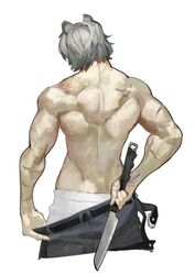  1boy animal_ears arknights back back_focus bear_boy bear_ears bishounen clothes_pull commentary_request cowboy_shot from_behind grey_hair grey_pants highres jaye_(arknights) knife male_focus male_underwear pants pants_pull pulling_own_clothes qingpu_liang scar scar_on_arm short_hair solo toned toned_male topless_male underwear white_male_underwear 