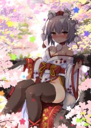  alcohol animal_ears autumn_leaves bare_shoulders black_thighhighs bluekalmia blush bottle breasts cherry_blossoms cleavage collarbone commentary_request cup feet_out_of_frame female flower grey_hair hat in_tree inubashiri_momiji japanese_clothes kimono large_breasts looking_at_viewer no_panties nose_blush off_shoulder pom_pom_(clothes) red_eyes sakazuki sake_bottle short_hair sitting sitting_in_tree solo tail thighhighs tokin_hat touhou tree wolf_ears wolf_tail 