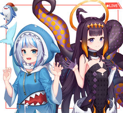  2girls absurdres black_gloves black_hair bloop_(gawr_gura) blue_eyes blunt_bangs claw_pose cowboy_shot gawr_gura gawr_gura_(1st_costume) gloves half_gloves highres hololive hololive_english light_blush looking_at_viewer multiple_girls ninomae_ina&#039;nis ninomae_ina&#039;nis_(1st_costume) recording setsurimu_(pro_viden) smile tail tentacle_hair virtual_youtuber waving 