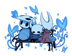  1boy 1other bench blue_butterfly bug butterfly cloak commentary female full_body glowing grey_cloak hollow_eyes hollow_knight hornet_(hollow_knight) horns knight_(hollow_knight) mask nail_(hollow_knight) quirrel red_cloak resting simple_background sitting ugly_cat weapon white_background 