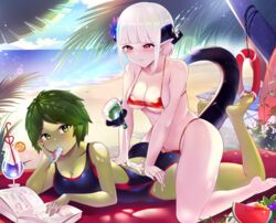  2girls akane_(oc) ass bare_shoulders barefoot beach bikini black_one-piece_swimsuit blue_sky blush book branch breasts cleavage cloud colored_skin commentary commission commissioner_upload crazy_straw cup day dragon_girl dragon_horns dragon_tail drinking_glass drinking_straw english_commentary feet flower foliage food food_in_mouth fruit grapes green_eyes green_skin hair_flower hair_ornament hand_on_own_face hands_on_another&#039;s_back heart_straw highleg highleg_bikini highres holding holding_with_tail horizon horns large_breasts leaf legs_up lifebuoy long_tongue looking_at_viewer lying mole mole_on_breast monster_girl multiple_girls ocean oerba_yun_fang on_stomach one-piece_swimsuit open_book original outdoors palm_leaf plant_girl plant_hair pointy_ears popsicle popsicle_in_mouth prehensile_tail prehensile_tongue red_bikini red_eyes salad_dressing saliva sideboob sitting sitting_on_person sky smile soles sunlight surfboard swim_ring swimsuit tail tail_wrap thighs toes tongue tongue_hold towel tropical vanu_aureyama watermelon watermelon_slice white_hair xiaodi yuri 