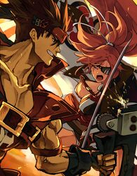  1boy amputee baiken big_hair black_gloves black_jacket black_kimono breasts brown_hair clenched_teeth commentary_request eyepatch facial_tattoo female fighting fingerless_gloves gloves guilty_gear guilty_gear_xrd holding holding_sword holding_weapon jacket jacket_on_shoulders jako_(toyprn) japanese_clothes junkyard_dog_mk_iii kataginu katana kimono large_breasts multicolored_clothes multicolored_kimono one-eyed open_clothes open_kimono open_mouth pink_hair ponytail red_eyes samurai scar scar_across_eye scar_on_face sol_badguy spiked_hair sword tattoo teeth weapon white_kimono 