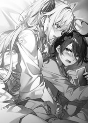  1boy ahoge blush cellphone female from_side greyscale hair_ribbon highres holding holding_phone hug hug_from_behind leonis_death_magnus long_hair looking_at_another looking_back lying monochrome novel_illustration official_art on_side open_mouth pajamas phone pinstripe_ribbon profile regina_mercedes ribbon seiken_gakuin_no_maken_tsukai sidelocks smartphone smile toosaka_asagi very_long_hair 