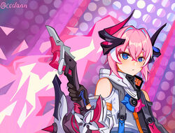  :/ absurdres black_gloves black_horns black_jacket blue_eyes ccclann closed_mouth clothing_cutout commentary_request expressionless female gloves hair_between_eyes hair_intakes highres holding holding_weapon honkai_(series) honkai_impact_3rd horns jacket long_hair pink_hair pink_pupils polka_dot polka_dot_background power_symbol purple_background rozaliya_olenyeva rozaliya_olenyeva_(fervent_tempo) shoulder_cutout solo sword thick_eyebrows twitter_username weapon white_jacket 