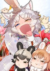  3girls african_wild_dog_(kemono_friends) afterimage anger_vein angry animal_ears biting_own_lip blood blue_eyes blush bow bowtie brown_eyes brown_hair burikarun cherub clenched_teeth commentary crying crying_with_eyes_open dhole_(kemono_friends) dog_(mixed_breed)_(kemono_friends) dog_ears dog_girl dog_tail envy fangs furrowed_brow grey_hair half-closed_eyes happy happy_tears headpat heterochromia instrument jealous kemono_friends kemono_friends_3 multicolored_hair multiple_girls open_mouth orange_hair paw_pose petting smile tail tail_wagging tears teeth tongue tongue_out trumpet two-tone_hair v-shaped_eyebrows yellow_eyes 