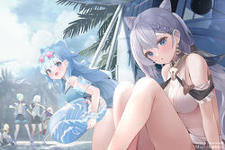  2girls 4boys adapted_costume axel_syrios bare_shoulders blue_eyes blue_hair blush breasts cleavage cone_hair_bun eyewear_on_head grey_hair hair_bun hololive hololive_indonesia holostars holostars_english kobo_kanaeru long_hair magni_dezmond medium_breasts mujinbensin multicolored_hair multiple_boys multiple_girls noir_vesper open_mouth outdoors regis_altare swimsuit two-tone_hair vestia_zeta vestia_zeta_(1st_costume) virtual_youtuber white_hair wrist_cuffs 