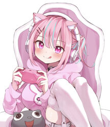  :q animal_ear_fluff animal_ears blue_hair blush breasts cat_ears closed_mouth commentary_request controller female game_controller garter_straps headphones highres hitsujisnow holding holding_controller holding_game_controller hololive hood hoodie implied_extra_ears knees_up large_breasts looking_at_viewer minato_aqua multicolored_hair neko_(minato_aqua) pink_hair pink_hoodie purple_eyes short_hair sitting smile solo streaked_hair thighhighs tongue tongue_out two-tone_hair virtual_youtuber white_thighhighs 