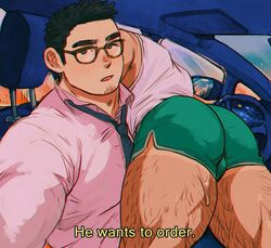  2boys ass bara black_hair car_interior english_text facial_hair glasses green_shorts he_wants_to_order_(meme) highres large_pectorals leg_hair lim_kim-liong_(shan) looking_at_viewer lying_on_person male_focus meme multiple_boys muscular muscular_male necktie original pectorals selfie shan_(shanshankuo) shirt short_hair shorts side-view_mirror snapchat steering_wheel stubble tan_tsi-ho_(shan) tank_top thick_thighs thighs three_quarter_view white_shirt white_tank_top yaoi 