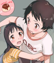  2girls black_hair blush brown_eyes casual clothes_writing commentary_request food hug konno_makoto konno_miyuki long_hair multiple_girls niina_ryou pudding shirt short_hair siblings sisters spoken_food striped_clothes striped_shirt sweatdrop t-shirt tears toki_wo_kakeru_shoujo wavy_mouth 