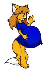  anthro barefoot belly big_belly canid canine clothed clothing feet female fox gesture huge_belly inari_tai mammal pantsless pregnant pregnant_anthro pregnant_female saburox side_view smile solo thin_thighs waving 