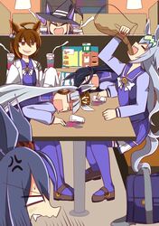  5girls agnes_tachyon_(umamusume) ahoge anger_vein animal_ears bottle closed_eyes commentary_request cup drink drinking_glass fainted gold_ship_(umamusume) hair_between_eyes hat highres hishi_amazon_(umamusume) horse_ears horse_girl horse_tail lab_coat long_hair manhattan_cafe_(umamusume) multiple_girls oguri_cap_(umamusume) saizeriya school_uniform short_hair sitting surprised sweep_tosho_(umamusume) table tail thighhighs tracen_school_uniform umamusume wahiko_(black_bastard) witch_hat 