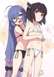  2girls :d ahoge bare_arms bare_shoulders bikini black_bikini black_bow black_hair blue_eyes blue_hair blush bow braid closed_mouth collarbone commentary_request floral_background glasses gradient_background gradient_hair grey_background hair_ornament hairbow hairclip headgear heart hug hug_from_behind long_hair low-braided_long_hair low-tied_long_hair multicolored_hair multiple_girls navel oerba_yun_fang open_mouth otomachi_una purple_hair red-framed_eyewear red_eyes rkrk semi-rimless_eyewear side-tie_bikini_bottom signature smile sweat swimsuit talkex touhoku_kiritan twin_braids twintails twitter_username under-rim_eyewear very_long_hair vocaloid voiceroid white_background white_bikini 