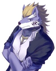  2021 anthro blue_eyes canid canine canis clothing crossed_arms e_convenient fenrir_(tas) fur hair hi_res inner_ear_fluff lifewonders male mammal simple_background solo tokyo_afterschool_summoners topwear tuft unimpressed white_background wolf 