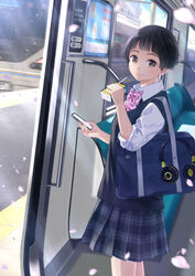  absurdres bag black_hair blunt_bangs blurry blurry_background bow brown_eyes commentary_request day female headphones highres juice_box original pleated_skirt school_uniform shirt short_hair skirt smile solo standing sweater_vest taka_(tsmix) train_interior white_shirt 