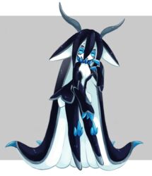  absurdly_long_hair animal_ears black_skin blue_eyes blue_hair blue_theme cephalopod_eyes colored_skin female fewer_digits full_body grey_background hair_between_eyes hand_up horns long_hair looking_at_viewer masyu_ori monster_girl multicolored multicolored_skin no_feet original parted_lips solo tentacle_hair two-tone_skin very_long_hair white_skin 