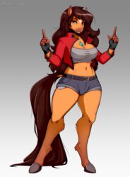  2020 absurd_res anthro belt bottomwear breasts brown_body brown_fur brown_hair clothed clothing digital_media_(artwork) equid equine female finger_gun fur gesture gloves green_eyes grin hair hand_gesture handwear hi_res hooves horse hotpants jacket jewelry long_hair mammal middy_(midrushnic) midriff navel necklace open_mouth pinup pose shaded shirt shorts simple_background smile solo standing topwear wide_hips zeekzag 